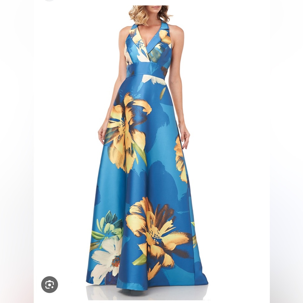 NWT Kay Unger Carolina Floral Printed Mikado Halter Gown In Lake Blue